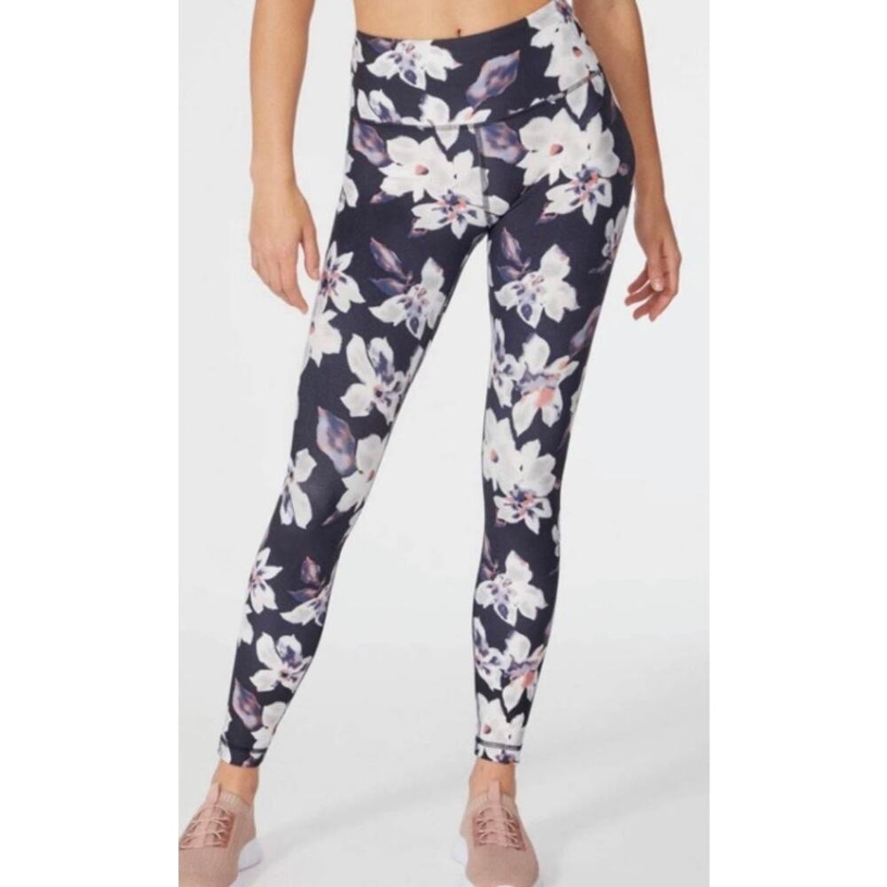 Zobha Women's Black w/ Floral Printed Athletic High Waist Leggings | Size M
